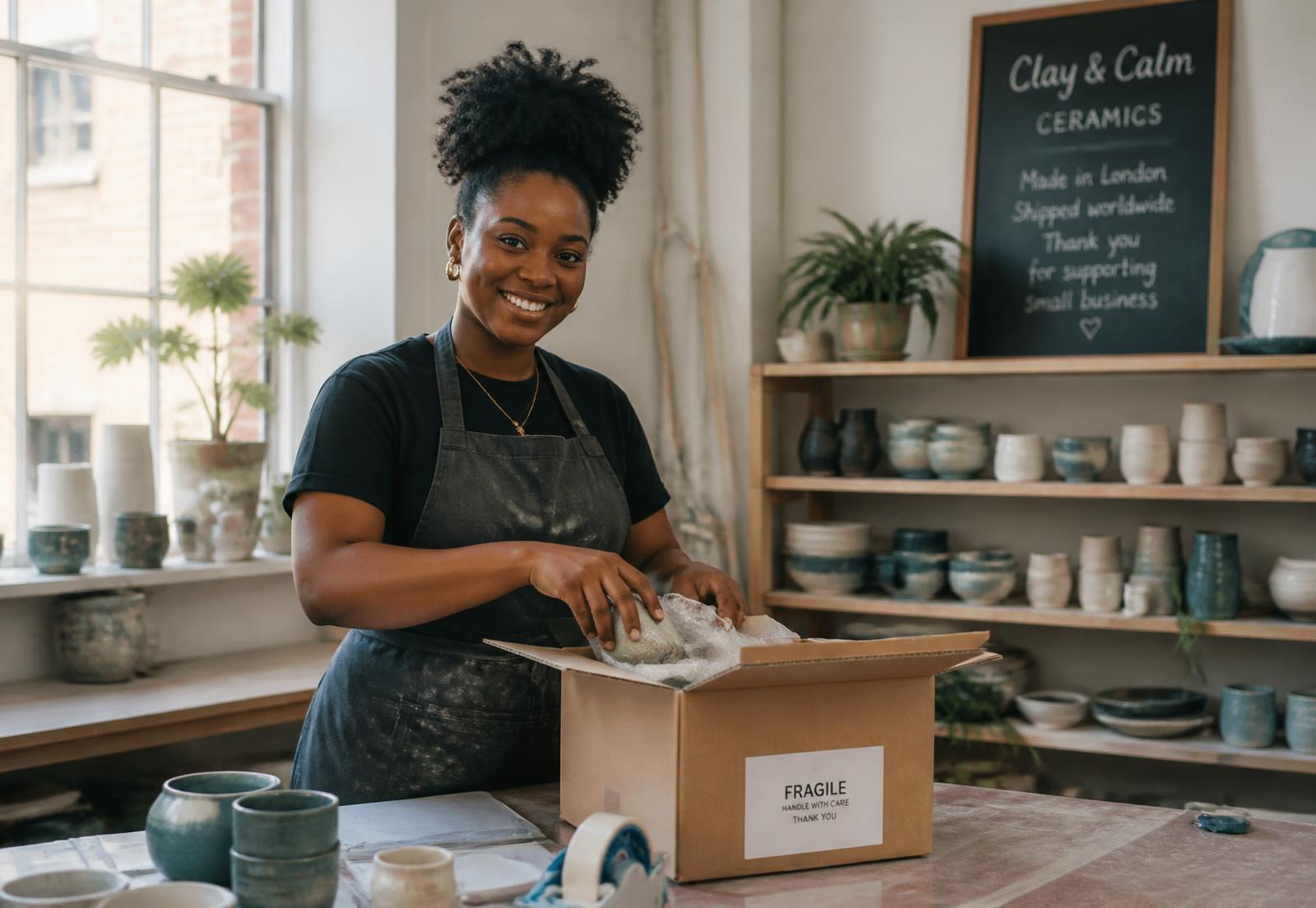 A small business founder in her UK ceramics studio packing an order for an overseas customer