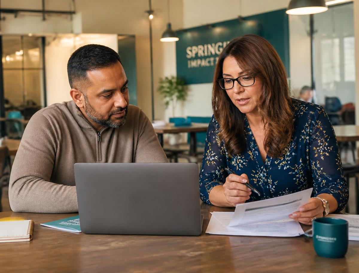 A specialist trade adviser working through export paperwork with a business owner