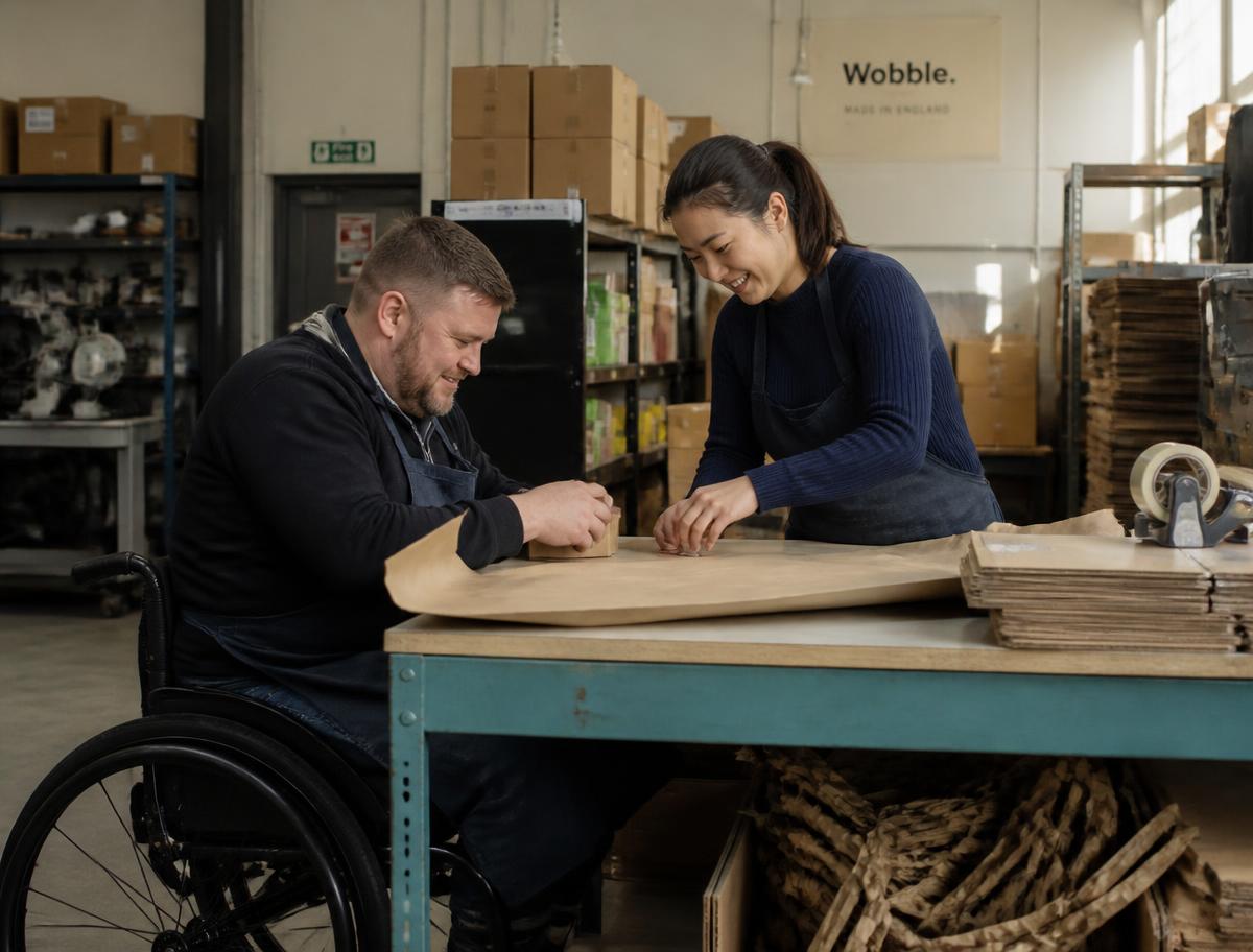 Two makers preparing goods for international shipping in a small UK workshop